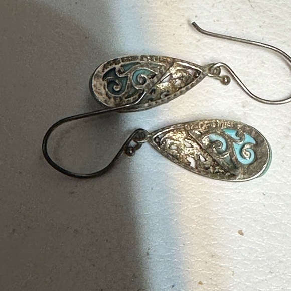 Sterling Silver & Turquoise Filagree Pierced Earrings - Pre-loved - Picture 2 of 5